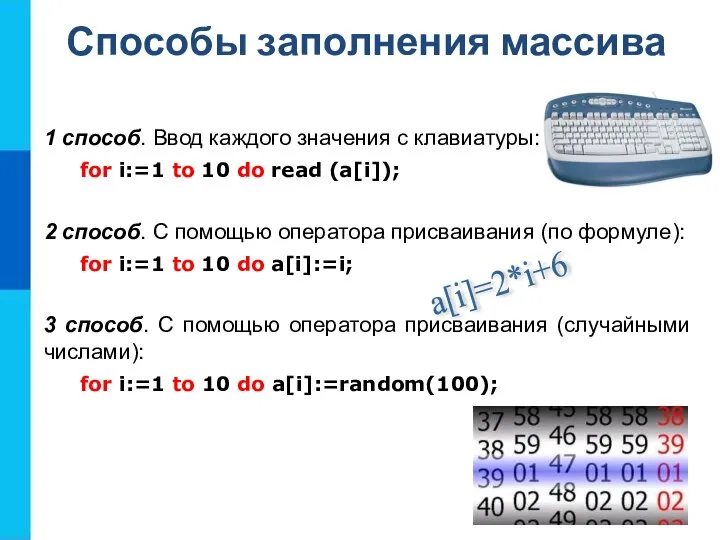 Способы заполнения массива 1 способ. Ввод каждого значения с клавиатуры: for