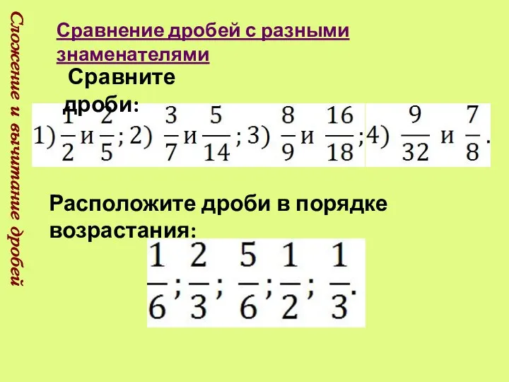 Сложение и вычитание дробей Сравнение дробей с разными знаменателями Сравните дроби: Расположите дроби в порядке возрастания: