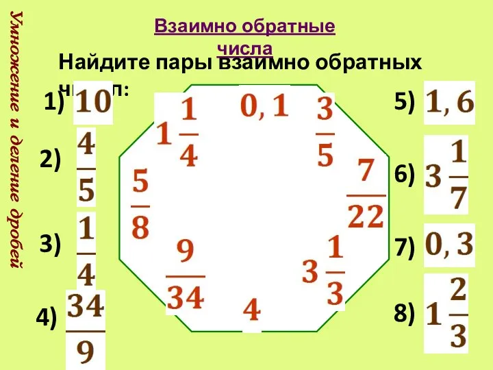 Умножение и деление дробей Взаимно обратные числа Найдите пары взаимно обратных