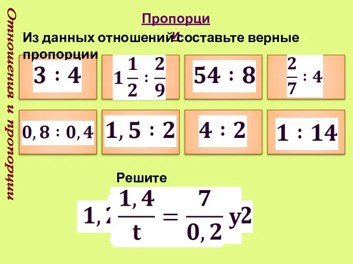 Отношения и пропорции Пропорции Из данных отношений составьте верные пропорции Решите уравнение: