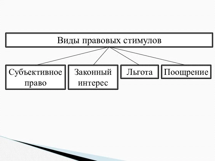 Виды правовых стимулов Субъективное право Законный интерес Льгота Поощрение