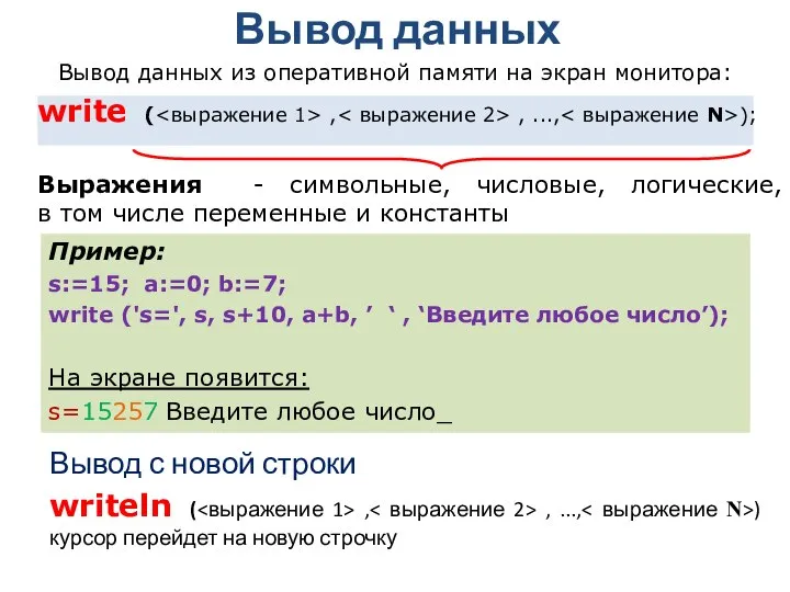 Вывод данных Вывод данных из оперативной памяти на экран монитора: write