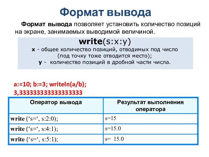 Формат вывода Формат вывода позволяет установить количество позиций на экране, занимаемых