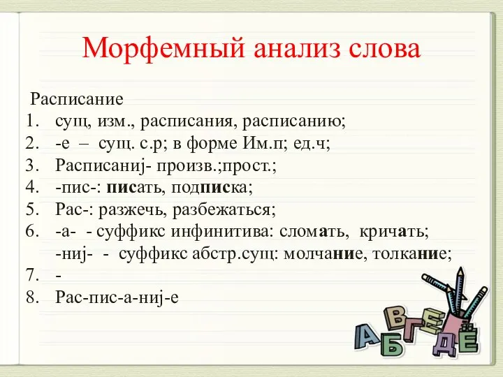 Морфемный анализ слова Расписание сущ, изм., расписания, расписанию; -е – сущ.