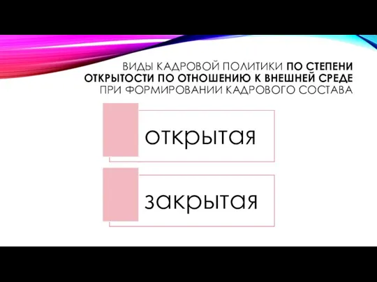 ВИДЫ КАДРОВОЙ ПОЛИТИКИ ПО СТЕПЕНИ ОТКРЫТОСТИ ПО ОТНОШЕНИЮ К ВНЕШНЕЙ СРЕДЕ ПРИ ФОРМИРОВАНИИ КАДРОВОГО СОСТАВА