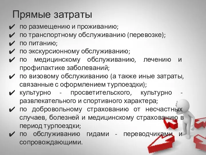 по размещению и проживанию; по транспортному обслуживанию (перевозке); по питанию; по