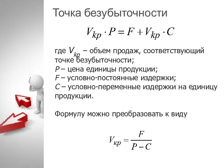 Точка безубыточности где Vkp – объем продаж, соответствующий точке безубыточности; P