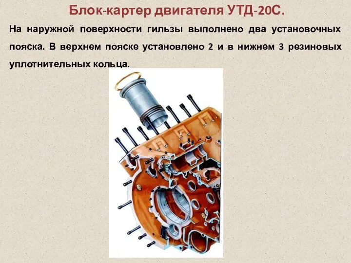 Блок-картер двигателя УТД-20С. На наружной поверхности гильзы выполнено два установочных пояска.