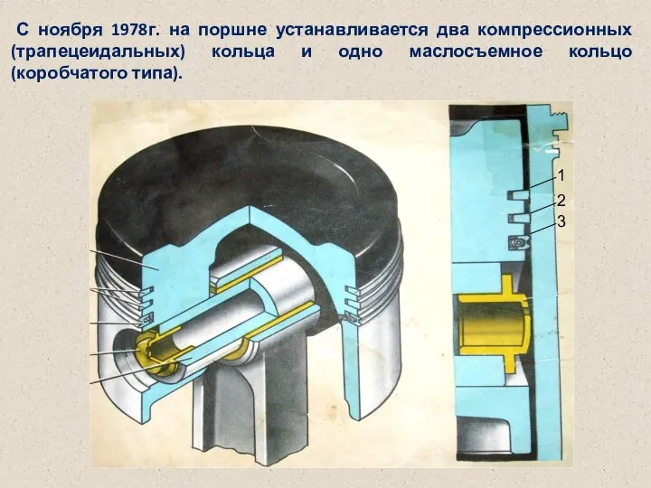 С ноября 1978г. на поршне устанавливается два компрессионных (трапецеидальных) кольца и