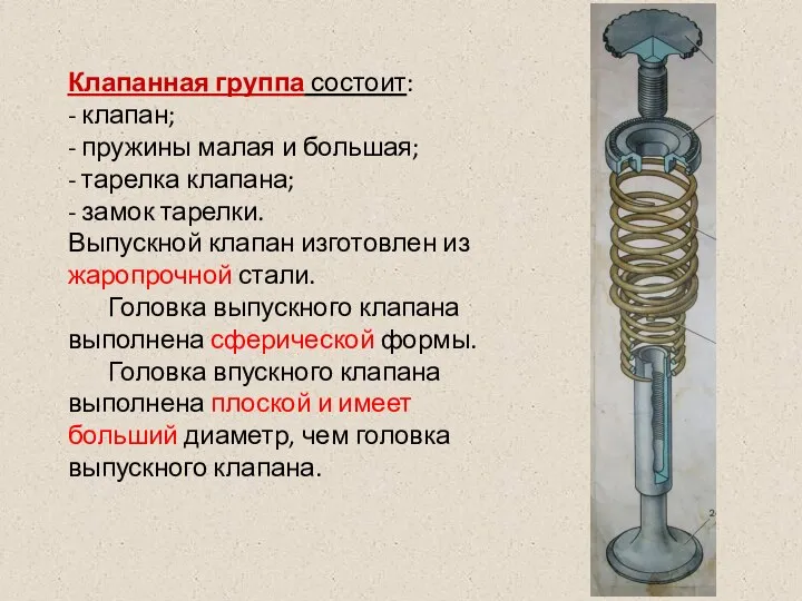 Клапанная группа состоит: - клапан; - пружины малая и большая; -