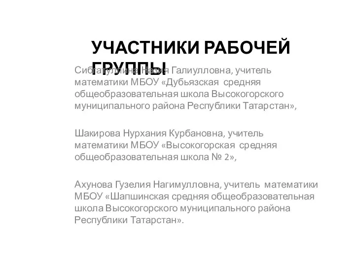 УЧАСТНИКИ РАБОЧЕЙ ГРУППЫ Сибгатуллина Назия Галиулловна, учитель математики МБОУ «Дубьязская средняя