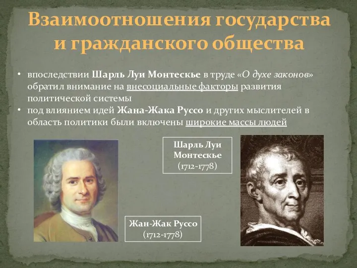 Взаимоотношения государства и гражданского общества впоследствии Шарль Луи Монтескье в труде