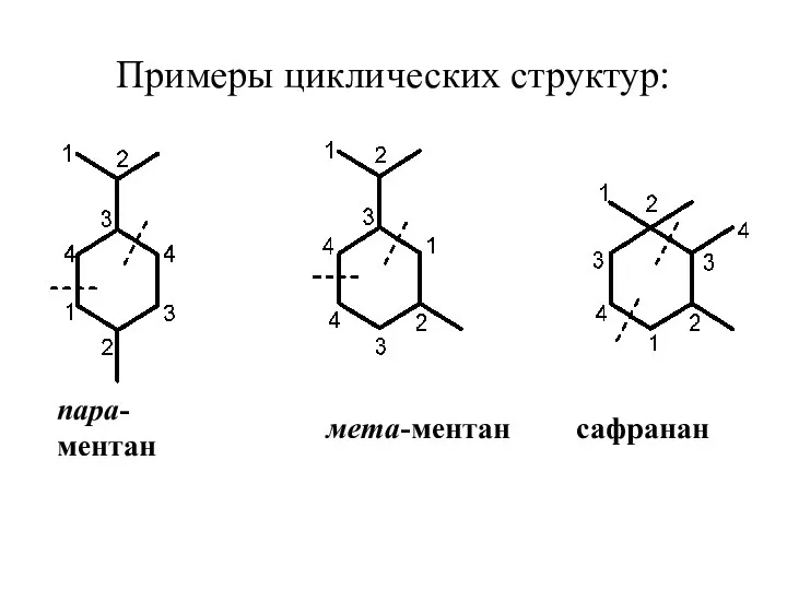 Примеры циклических структур: пара-ментан мета-ментан сафранан