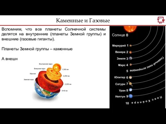 Каменные и Газовые Вспомним, что все планеты Солнечной системы делятся на