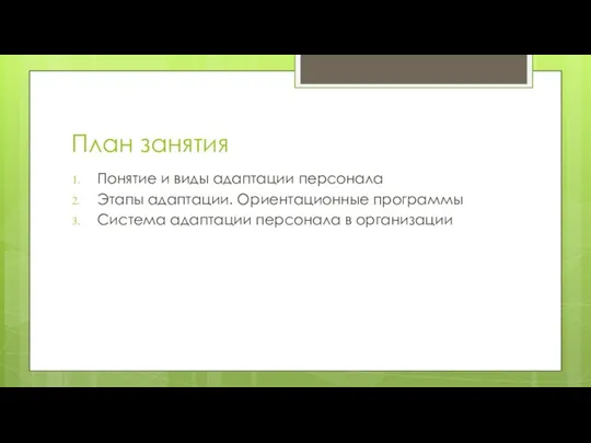 План занятия Понятие и виды адаптации персонала Этапы адаптации. Ориентационные программы Система адаптации персонала в организации