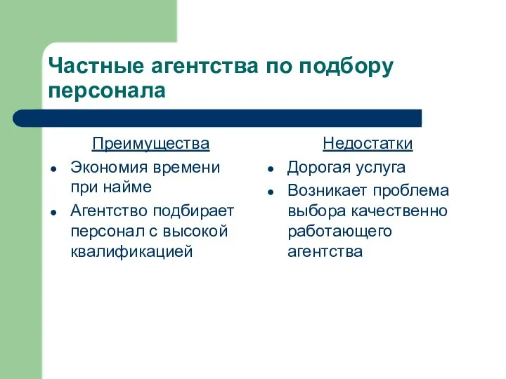 Частные агентства по подбору персонала Преимущества Экономия времени при найме Агентство