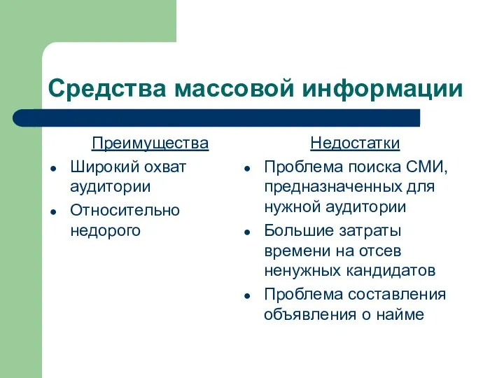 Средства массовой информации Преимущества Широкий охват аудитории Относительно недорого Недостатки Проблема