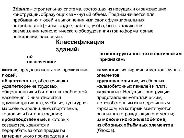 Здание – строительная система, состоящая из несущих и ограждающих конструкций, образующих