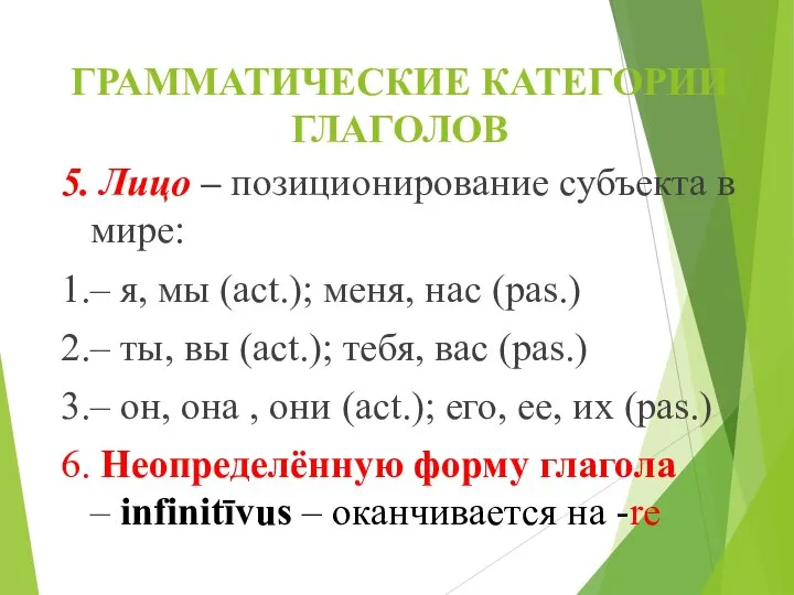 ГРАММАТИЧЕСКИЕ КАТЕГОРИИ ГЛАГОЛОВ 5. Лицо – позиционирование субъекта в мире: 1.–