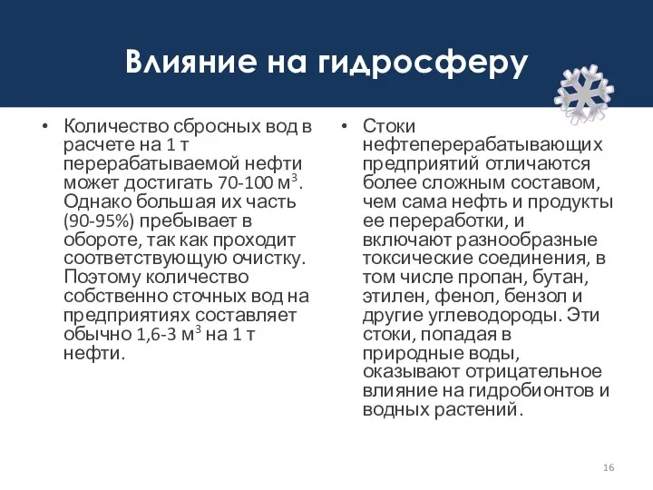 Влияние на гидросферу Количество сбросных вод в расчете на 1 т