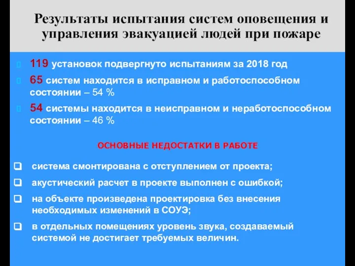 Результаты испытания систем оповещения и управления эвакуацией людей при пожаре 119