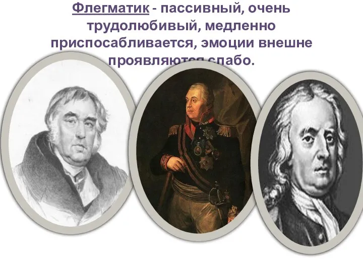 Флегматик - пассивный, очень трудолюбивый, медленно приспосабливается, эмоции внешне проявляются слабо.