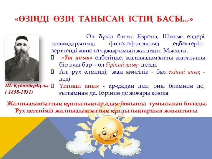 «ӨЗІҢДІ ӨЗІҢ ТАНЫСАҢ ІСТІҢ БАСЫ...» Ш. Құдайбердіұлы ( 1858-1931) Ол бүкіл