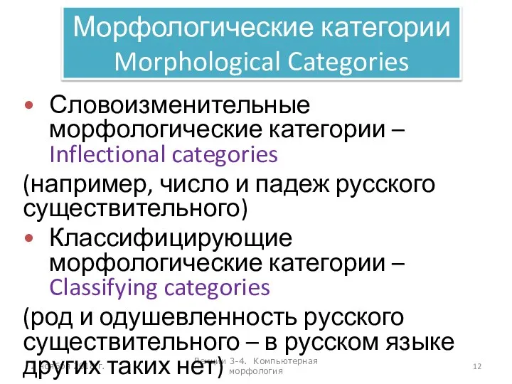 2 ноября 2018 г. Лекции 3-4. Компьютерная морфология Словоизменительные морфологические категории