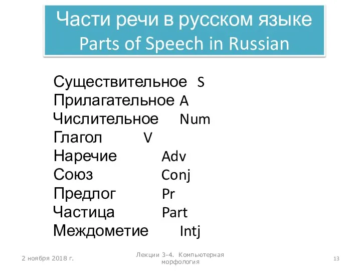 2 ноября 2018 г. Лекции 3-4. Компьютерная морфология Существительное S Прилагательное