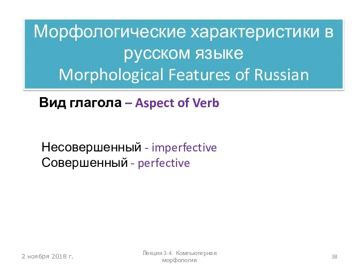 2 ноября 2018 г. Вид глагола – Aspect of Verb Несовершенный