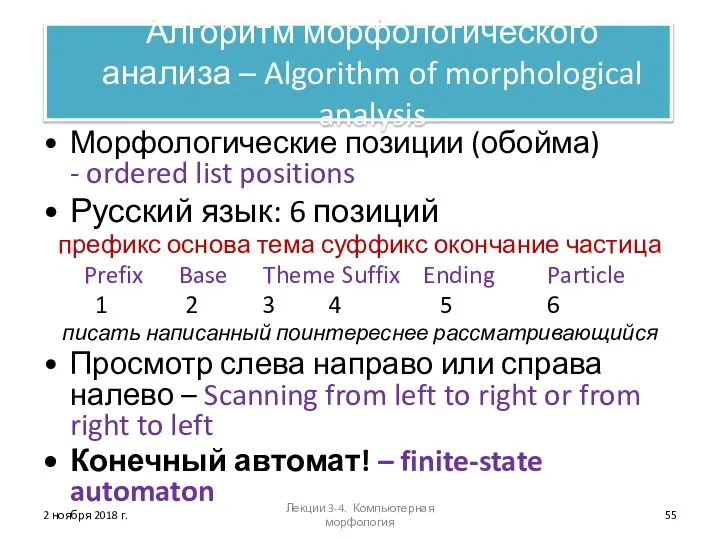 2 ноября 2018 г. Алгоритм морфологического анализа – Algorithm of morphological