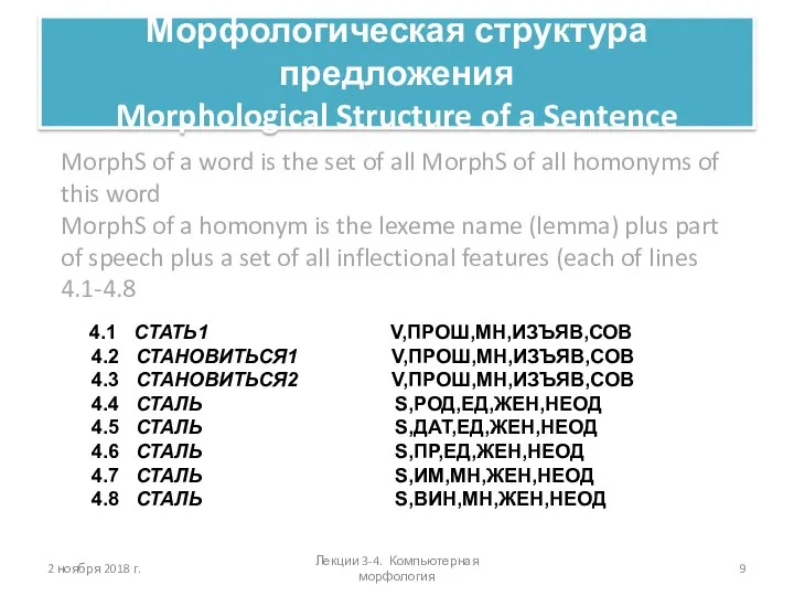 2 ноября 2018 г. Лекции 3-4. Компьютерная морфология MorphS of a