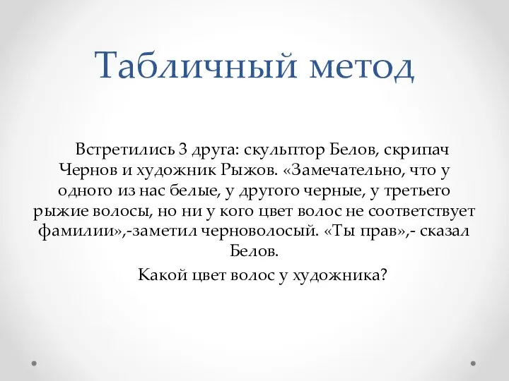 Табличный метод Встретились 3 друга: скульптор Белов, скрипач Чернов и художник