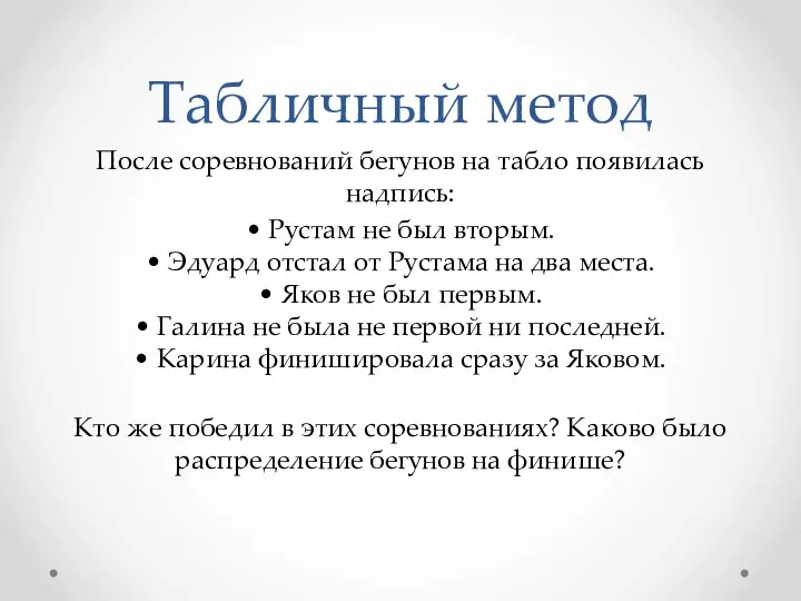 Табличный метод После соревнований бегунов на табло появилась надпись: • Рустам