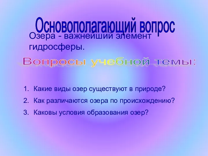 Озера - важнейший элемент гидросферы. Какие виды озер существуют в природе?