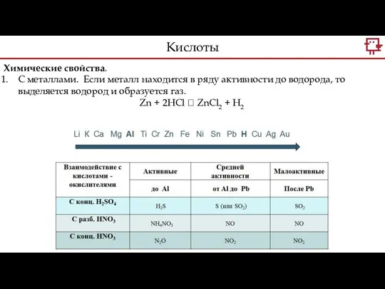 Химические свойства. C металлами. Если металл находится в ряду активности до