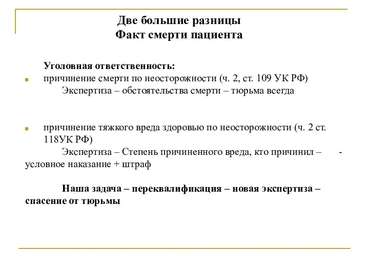 Две большие разницы Факт смерти пациента Уголовная ответственность: причинение смерти по