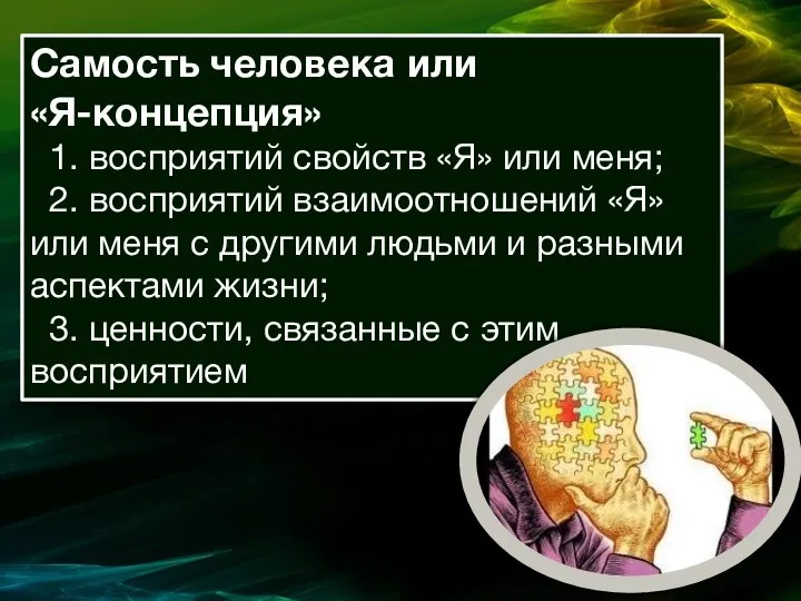 Самость человека или «Я-концепция» 1. восприятий свойств «Я» или меня; 2.