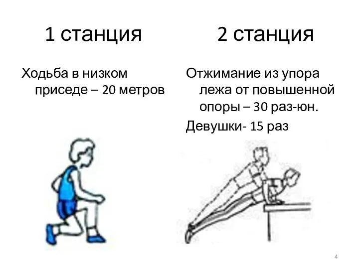 1 станция 2 станция Ходьба в низком приседе – 20 метров