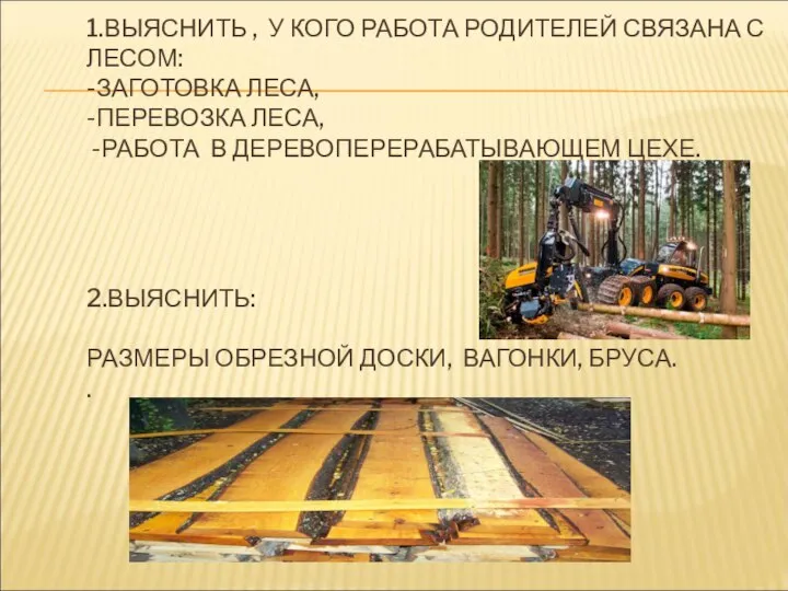 1.ВЫЯСНИТЬ , У КОГО РАБОТА РОДИТЕЛЕЙ СВЯЗАНА С ЛЕСОМ: -ЗАГОТОВКА ЛЕСА,