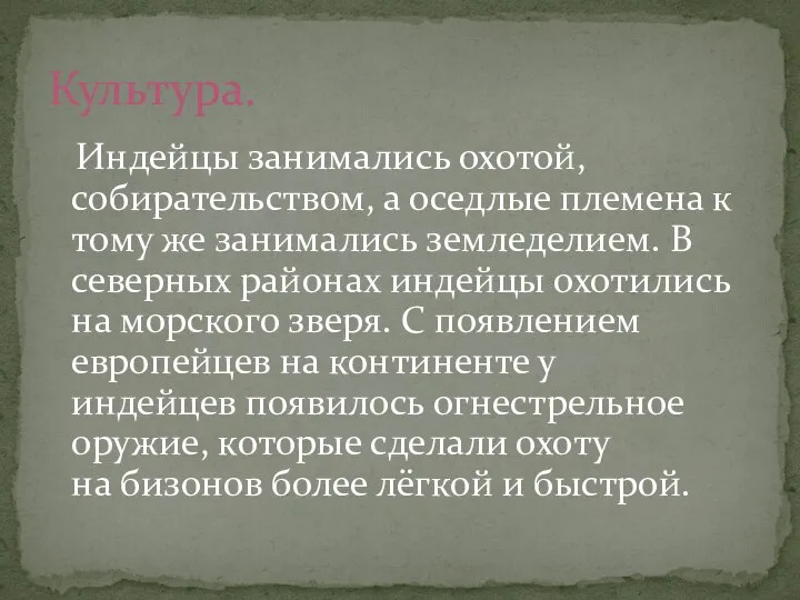 Индейцы занимались охотой, собирательством, а оседлые племена к тому же занимались