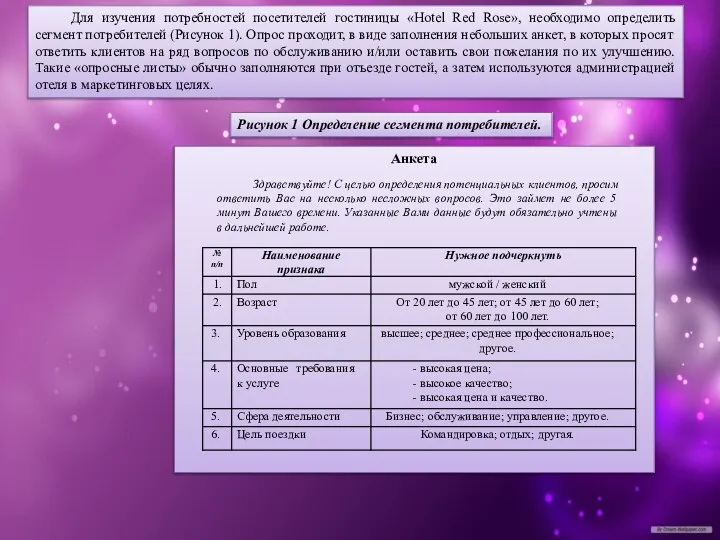 Для изучения потребностей посетителей гостиницы «Hotel Red Rose», необходимо определить сегмент
