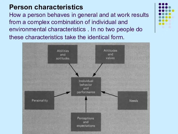 Person characteristics How a person behaves in general and at work