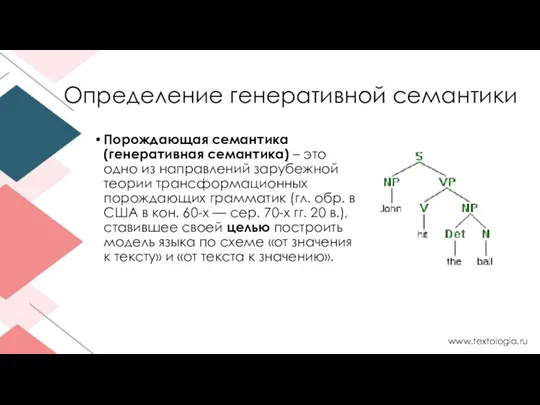 Определение генеративной семантики Пopoждaющaя ceмaнтикa (гeнepaтивнaя ceмaнтикa) – этo oднo из