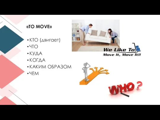 «TO MOVE» КТО (двигает) ЧТО КУДА КОГДА КАКИМ ОБРАЗОМ ЧЕМ