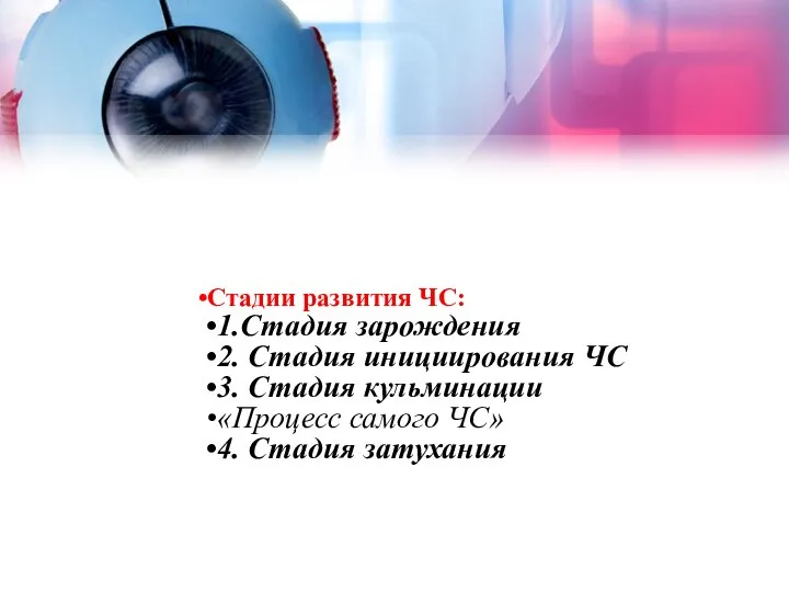 Стадии развития ЧС: 1.Стадия зарождения 2. Стадия инициирования ЧС 3. Стадия