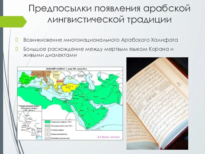 Предпосылки появления арабской лингвистической традиции Возникновение многонационального Арабского Халифата Большое расхождение