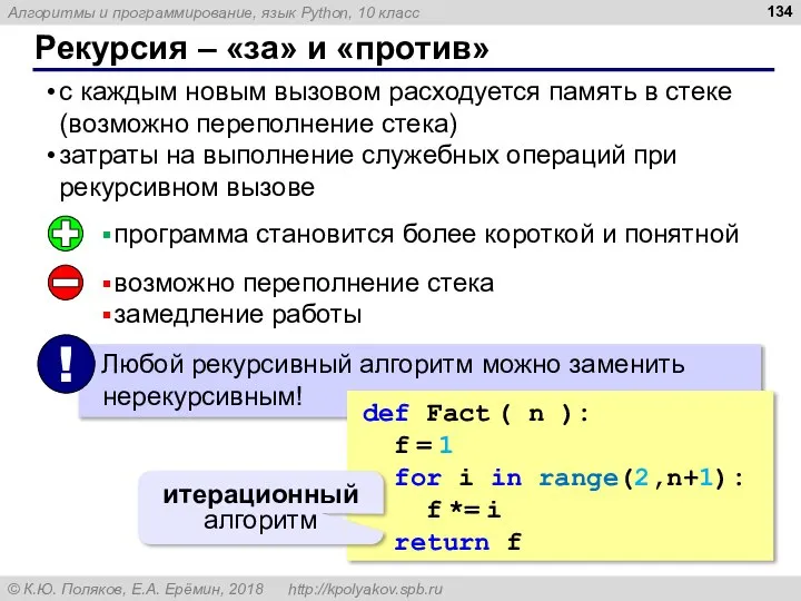 Рекурсия – «за» и «против» с каждым новым вызовом расходуется память