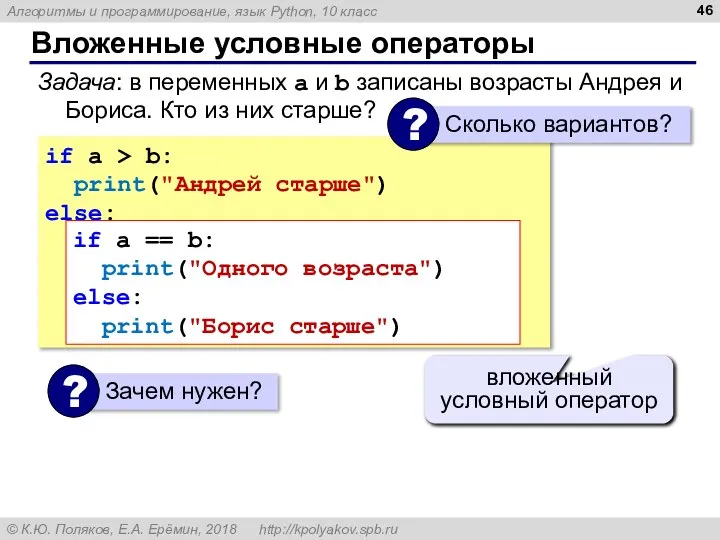 Вложенные условные операторы if a > b: print("Андрей старше") else: if