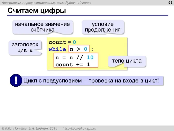 Считаем цифры count = 0 while : n = n //